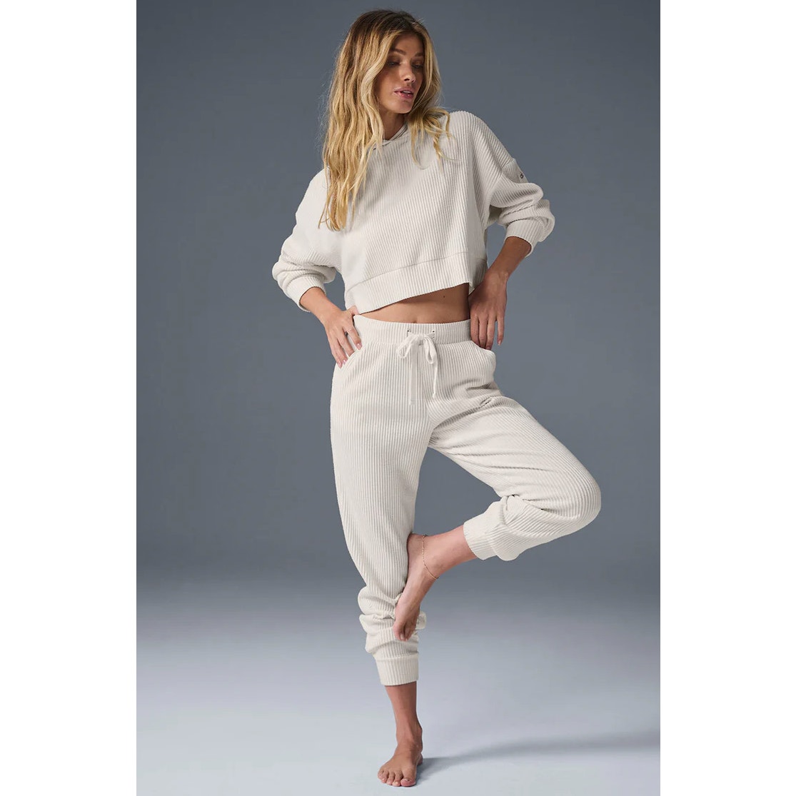 Alo Muse Sweatpant Ivory White Ribbed Sz L 118 3a7
